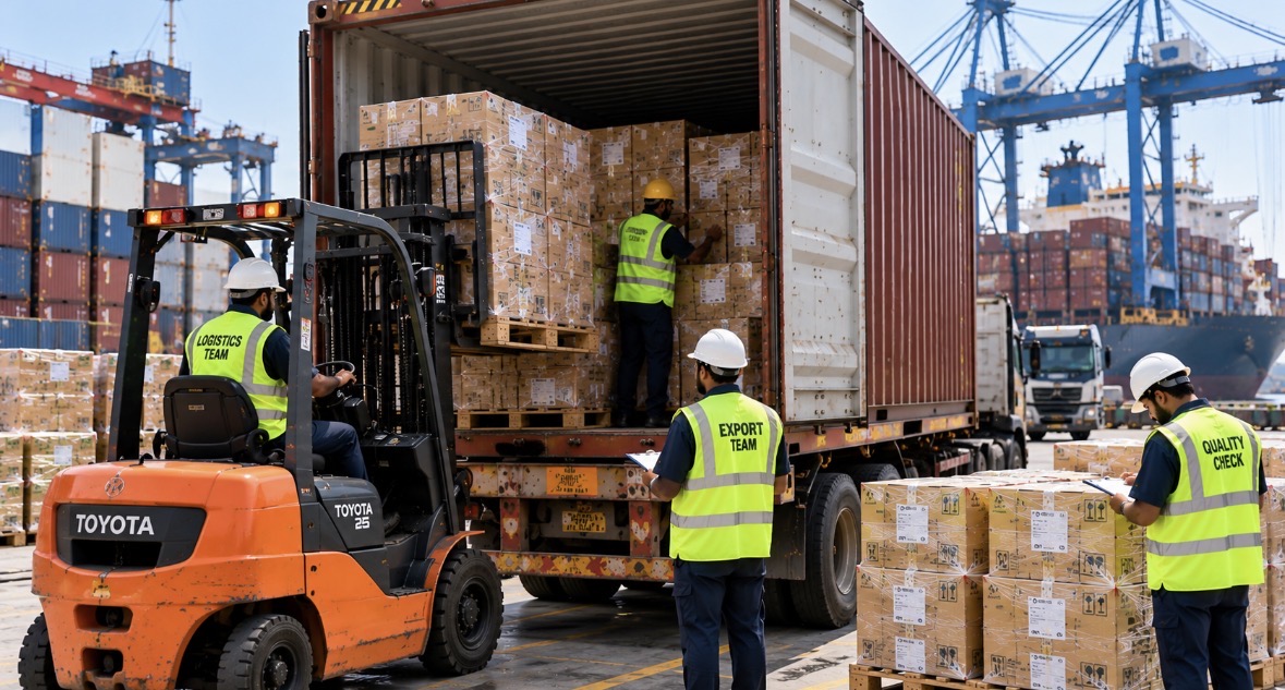 Team checking cartons and loading a container with a forklift