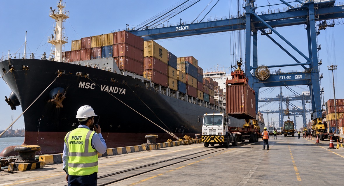 Container being loaded onto a cargo ship at port