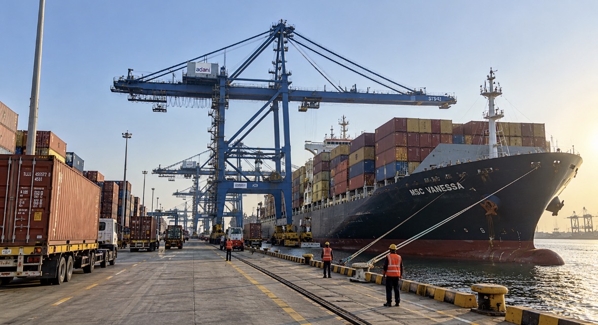 Cargo ship and container cranes at an Indian port